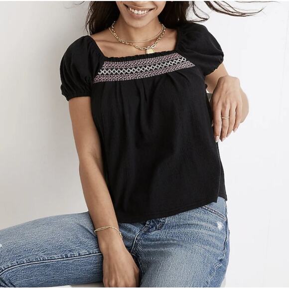 madewell black textured knit embroidered puff sleeve square neck top size medium - Picture 1 of 6
